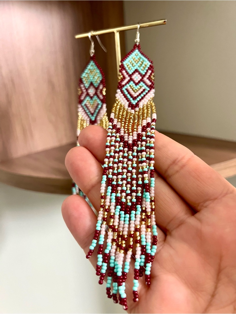 Gorgeous Turquoise & Burgundy Beaded Fringe Earrings